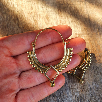 Golden Afghani Hoop Earrings; Ethnic, Geometric, Small, Rustic, Yoga, Hippie, Gypsy, Pretty, Ssy, Boho, Bohemian, Festival