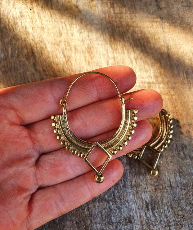 Golden Afghani Hoop Earrings; Ethnic, Geometric, Small, Rustic, Yoga, Hippie, Gypsy, Pretty, Ssy, Boho, Bohemian, Festival