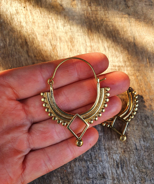 Golden Afghani Hoop Earrings; Ethnic, Geometric, Small, Rustic, Yoga, Hippie, Gypsy, Pretty, Ssy, Boho, Bohemian, Festival