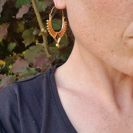 Golden Afghani Hoop Earrings; Ethnic, Geometric, Small, Rustic, Yoga, Hippie, Gypsy, Pretty, Ssy, Boho, Bohemian, Festival