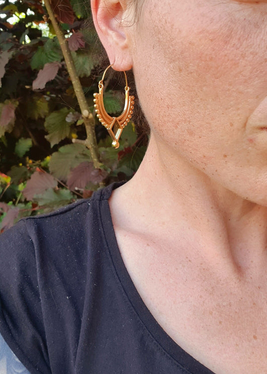 Golden Afghani Hoop Earrings; Ethnic, Geometric, Small, Rustic, Yoga, Hippie, Gypsy, Pretty, Ssy, Boho, Bohemian, Festival