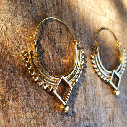 Golden Afghani Hoop Earrings; Ethnic, Geometric, Small, Rustic, Yoga, Hippie, Gypsy, Pretty, Ssy, Boho, Bohemian, Festival