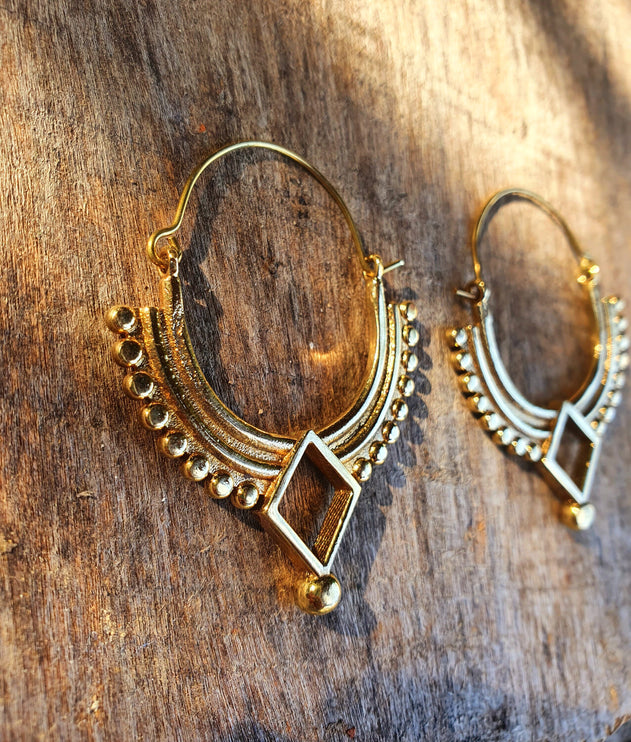 Golden Afghani Hoop Earrings; Ethnic, Geometric, Small, Rustic, Yoga, Hippie, Gypsy, Pretty, Ssy, Boho, Bohemian, Festival