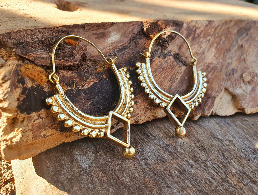 Golden Afghani Hoop Earrings; Ethnic, Geometric, Small, Rustic, Yoga, Hippie, Gypsy, Pretty, Ssy, Boho, Bohemian, Festival