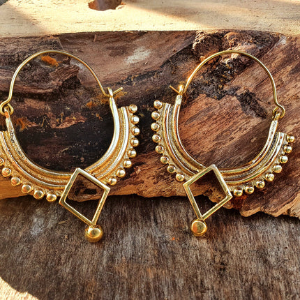 Golden Afghani Hoop Earrings; Ethnic, Geometric, Small, Rustic, Yoga, Hippie, Gypsy, Pretty, Ssy, Boho, Bohemian, Festival