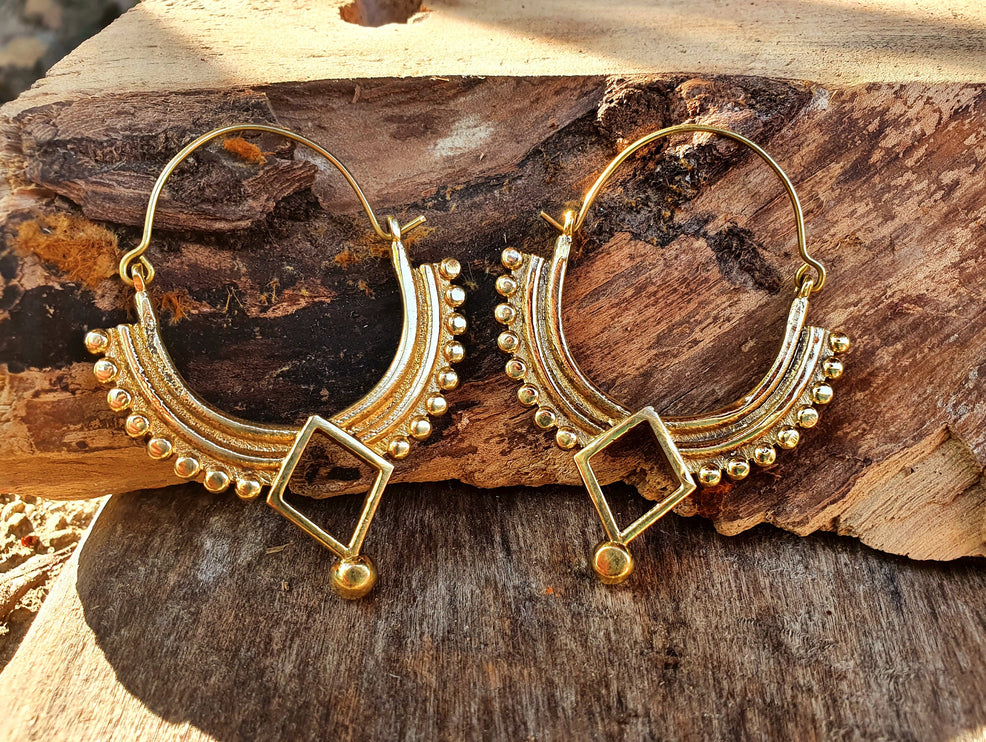 Golden Afghani Hoop Earrings; Ethnic, Geometric, Small, Rustic, Yoga, Hippie, Gypsy, Pretty, Ssy, Boho, Bohemian, Festival