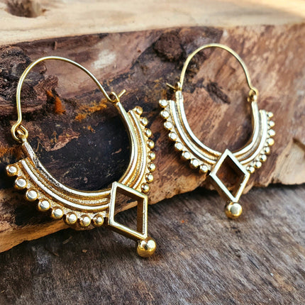 Golden Afghani Hoop Earrings; Ethnic, Geometric, Small, Rustic, Yoga, Hippie, Gypsy, Pretty, Ssy, Boho, Bohemian, Festival