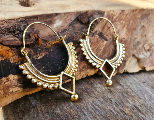 Golden Afghani Hoop Earrings; Ethnic, Geometric, Small, Rustic, Yoga, Hippie, Gypsy, Pretty, Ssy, Boho, Bohemian, Festival