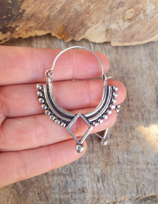 Silver Afghani Hoop Earrings; Ethnic, Geometric, Small, Rustic, Yoga, Hippie, Gypsy, Pretty, Ssy, Boho, Bohemian, Festival