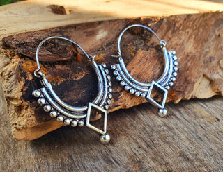 Silver Afghani Hoop Earrings; Ethnic, Geometric, Small, Rustic, Yoga, Hippie, Gypsy, Pretty, Ssy, Boho, Bohemian, Festival