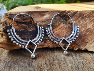 Silver Afghani Hoop Earrings; Ethnic, Geometric, Small, Rustic, Yoga, Hippie, Gypsy, Pretty, Ssy, Boho, Bohemian, Festival