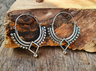 Silver Afghani Hoop Earrings; Ethnic, Geometric, Small, Rustic, Yoga, Hippie, Gypsy, Pretty, Ssy, Boho, Bohemian, Festival