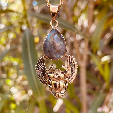 Golden Scarab Labradorite Necklace / Talisman / Third Eye / Hypoallergenic / Brass / Boho / Inca / Ethnic / Illuminati