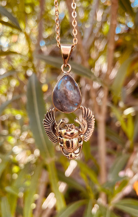 Golden Scarab Labradorite Necklace / Talisman / Third Eye / Hypoallergenic / Brass / Boho / Inca / Ethnic / Illuminati