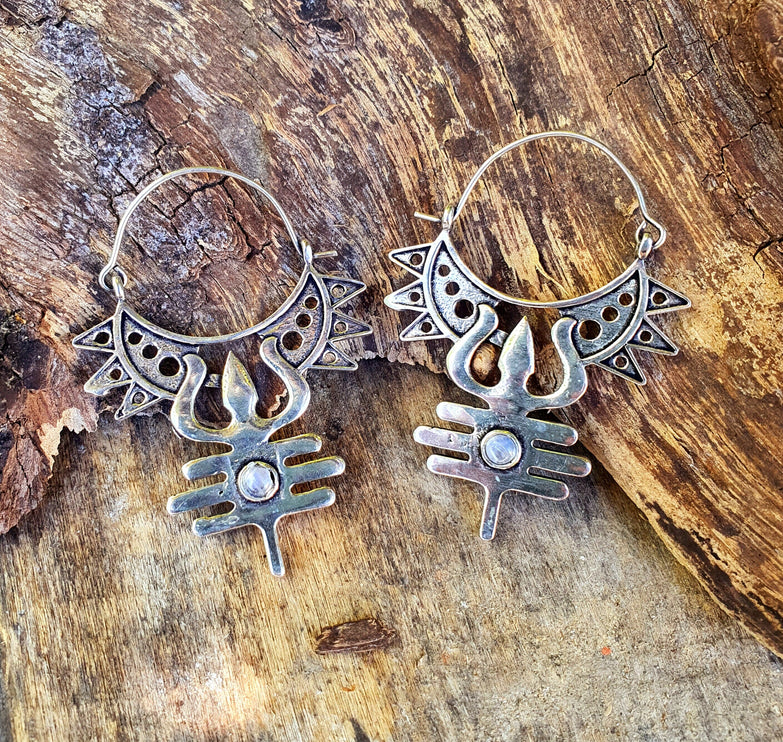 Inca Moonstone & Silver Earrings Ethnic, Aztèque, rustic, yoga, hippie, gypsy, pretty, psy, boho, bohemian, festival