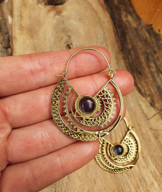 Amethyst & Brass Hoop Earrings Ethnic, rustic, yoga, hippie, gypsy, pretty, psy, boho, bohemian, festival