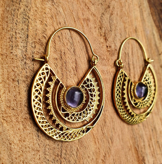 Amethyst & Brass Hoop Earrings Ethnic, rustic, yoga, hippie, gypsy, pretty, psy, boho, bohemian, festival