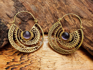 Amethyst & Brass Hoop Earrings Ethnic, rustic, yoga, hippie, gypsy, pretty, psy, boho, bohemian, festival