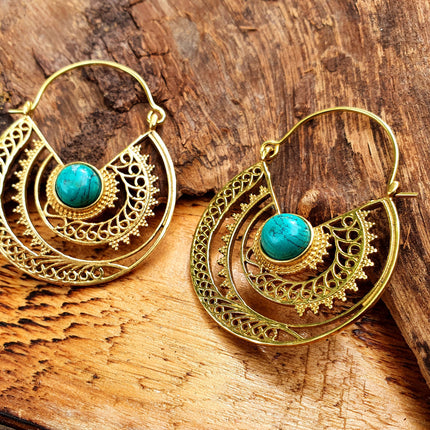 Golden Ethnic Turquoise Earrings Ethnic, rustic, yoga, hippie, gypsy, pretty, psy, boho, bohemian, festival