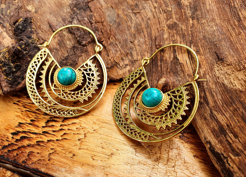 Golden Ethnic Turquoise Earrings Ethnic, rustic, yoga, hippie, gypsy, pretty, psy, boho, bohemian, festival