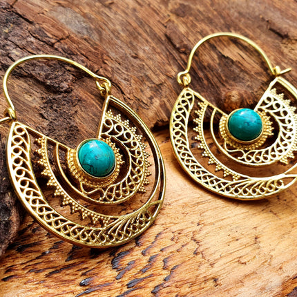 Golden Ethnic Turquoise Earrings Ethnic, rustic, yoga, hippie, gypsy, pretty, psy, boho, bohemian, festival