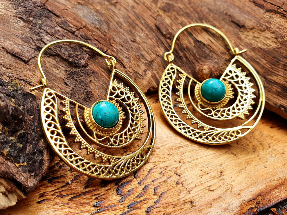 Golden Ethnic Turquoise Earrings Ethnic, rustic, yoga, hippie, gypsy, pretty, psy, boho, bohemian, festival