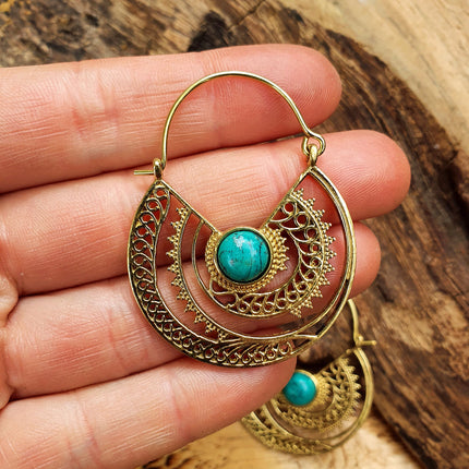 Golden Ethnic Turquoise Earrings Ethnic, rustic, yoga, hippie, gypsy, pretty, psy, boho, bohemian, festival