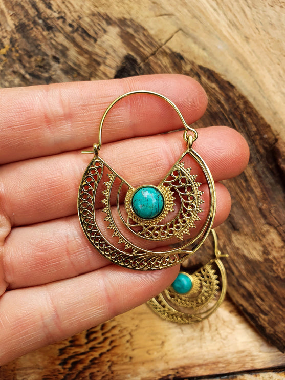 Golden Ethnic Turquoise Earrings Ethnic, rustic, yoga, hippie, gypsy, pretty, psy, boho, bohemian, festival