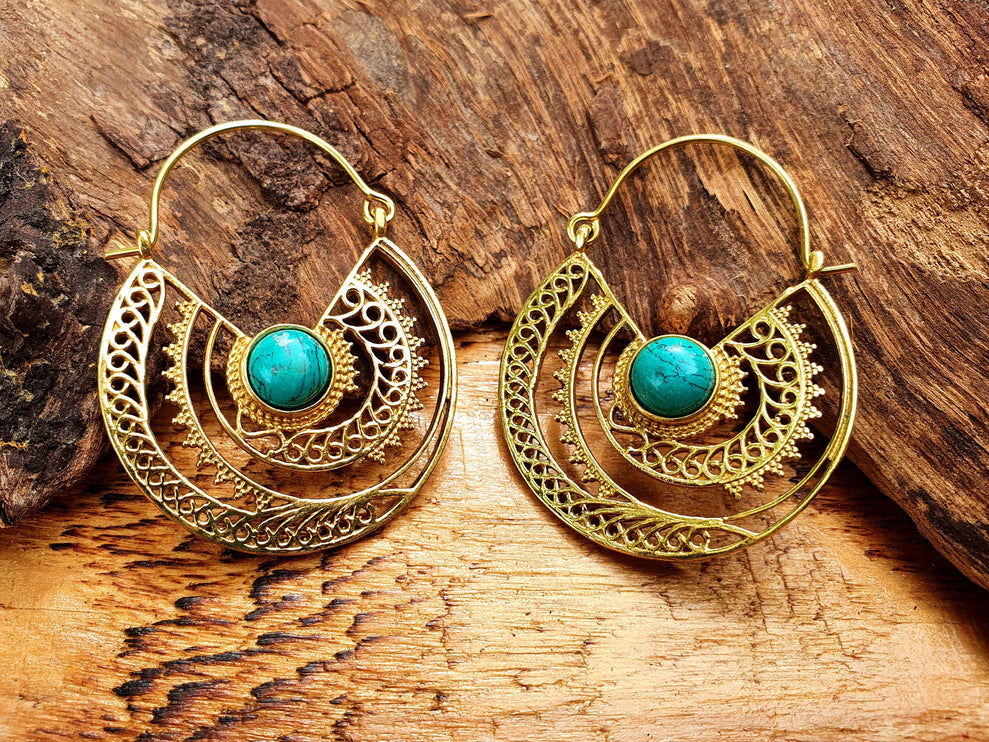 Golden Ethnic Turquoise Earrings Ethnic, rustic, yoga, hippie, gypsy, pretty, psy, boho, bohemian, festival