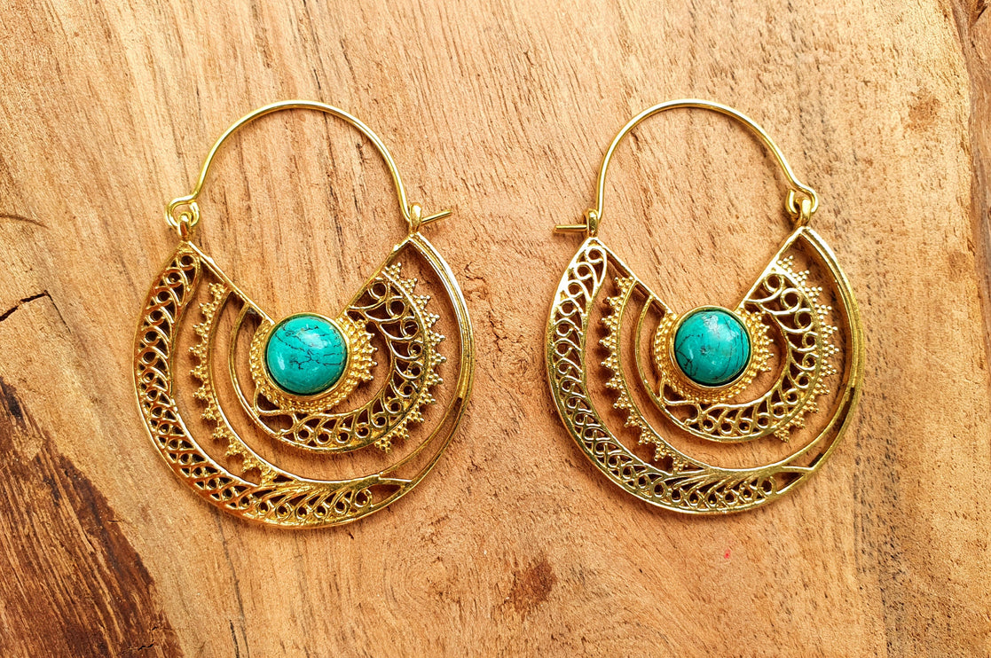 Golden Ethnic Turquoise Earrings Ethnic, rustic, yoga, hippie, gypsy, pretty, psy, boho, bohemian, festival