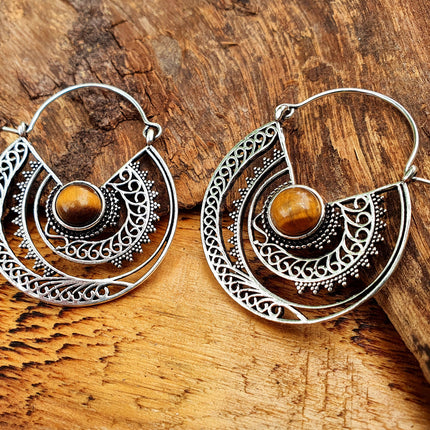 Tiger Eye & Silver Hoop Earrings Ethnic, rustic, yoga, hippie, gypsy, pretty, psy, boho, bohemian, festival