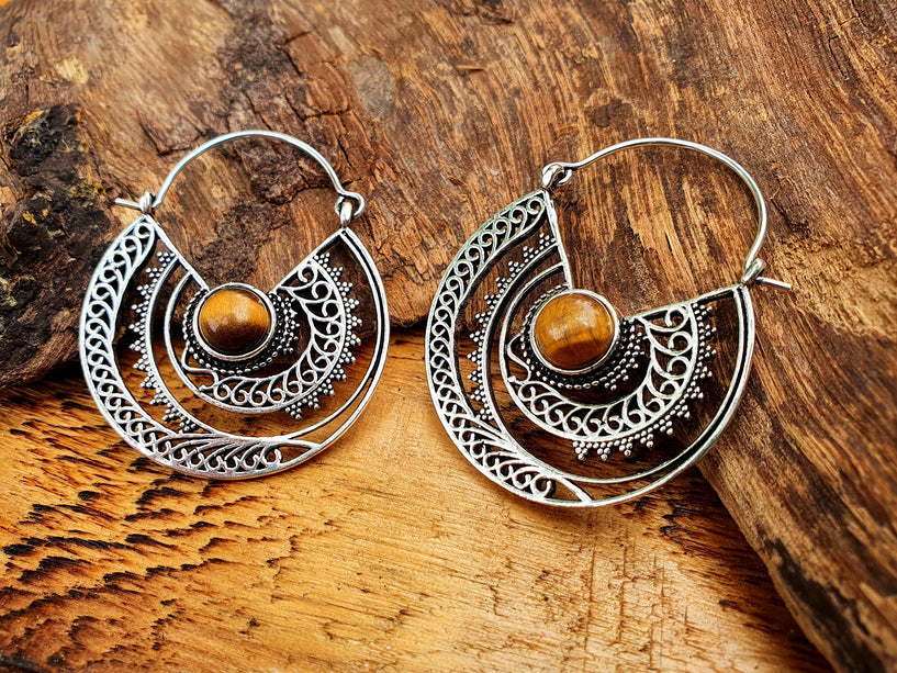 Tiger Eye & Silver Hoop Earrings Ethnic, rustic, yoga, hippie, gypsy, pretty, psy, boho, bohemian, festival