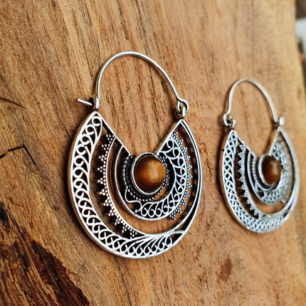 Tiger Eye & Silver Hoop Earrings Ethnic, rustic, yoga, hippie, gypsy, pretty, psy, boho, bohemian, festival
