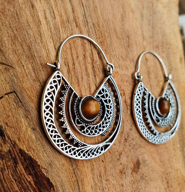 Tiger Eye & Silver Hoop Earrings Ethnic, rustic, yoga, hippie, gypsy, pretty, psy, boho, bohemian, festival