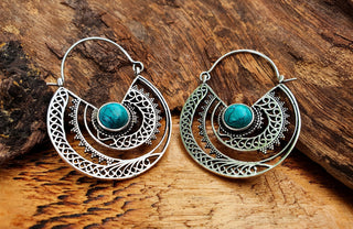 Turquoise Silver Hoop Earrings Ethnic, rustic, yoga, hippie, gypsy, pretty, psy, boho, bohemian, festival