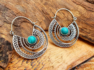 Turquoise Silver Hoop Earrings Ethnic, rustic, yoga, hippie, gypsy, pretty, psy, boho, bohemian, festival