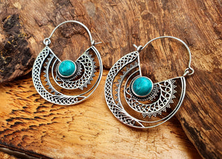 Turquoise Silver Hoop Earrings Ethnic, rustic, yoga, hippie, gypsy, pretty, psy, boho, bohemian, festival