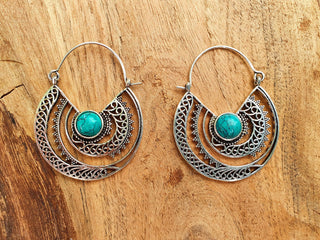 Turquoise Silver Hoop Earrings Ethnic, rustic, yoga, hippie, gypsy, pretty, psy, boho, bohemian, festival