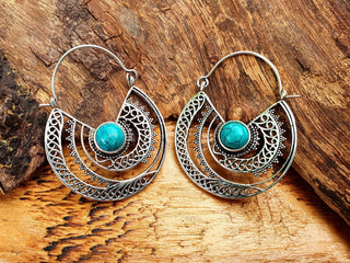 Turquoise Silver Hoop Earrings Ethnic, rustic, yoga, hippie, gypsy, pretty, psy, boho, bohemian, festival