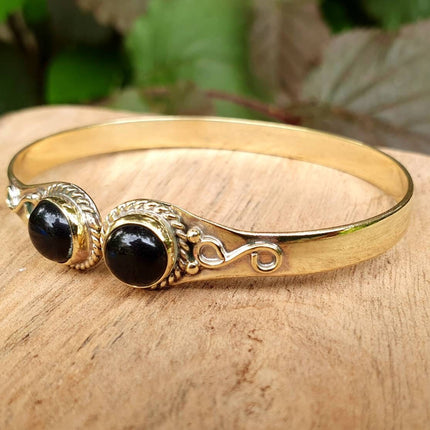 Black Onyx Bracelet Gold Bangle / Brass / Ethnic / Rustic / Bohemian / Hippie / Gypsy / Psy / Chic / Jewellery / Body / Adjustable