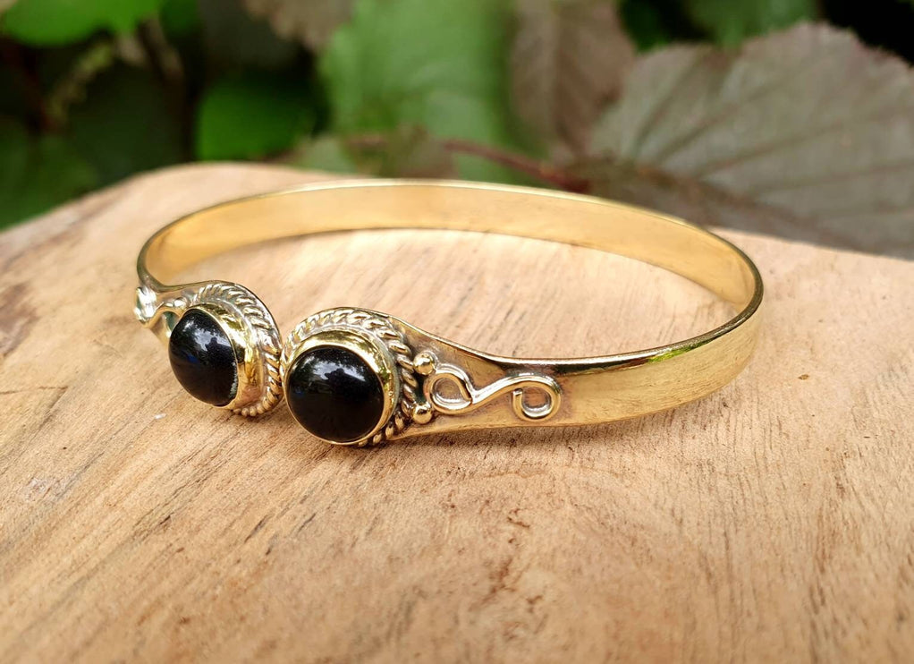 Black Onyx Bracelet Gold Bangle / Brass / Ethnic / Rustic / Bohemian / Hippie / Gypsy / Psy / Chic / Jewellery / Body / Adjustable