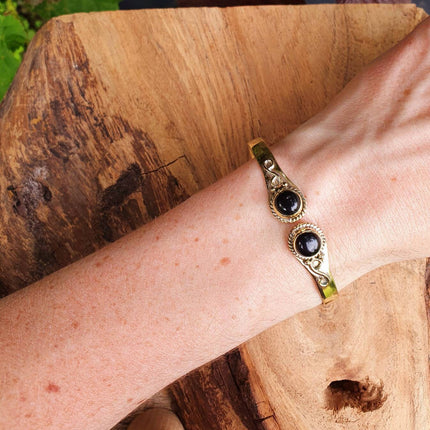 Black Onyx Bracelet Gold Bangle / Brass / Ethnic / Rustic / Bohemian / Hippie / Gypsy / Psy / Chic / Jewellery / Body / Adjustable