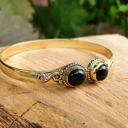 Black Onyx Bracelet Gold Bangle / Brass / Ethnic / Rustic / Bohemian / Hippie / Gypsy / Psy / Chic / Jewellery / Body / Adjustable