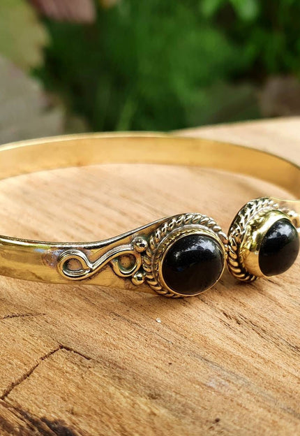 Black Onyx Bracelet Gold Bangle / Brass / Ethnic / Rustic / Bohemian / Hippie / Gypsy / Psy / Chic / Jewellery / Body / Adjustable
