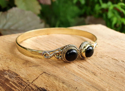 Black Onyx Bracelet Gold Bangle / Brass / Ethnic / Rustic / Bohemian / Hippie / Gypsy / Psy / Chic / Jewellery / Body / Adjustable