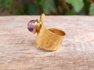Adjustable Brass & Amethyst Hammered Ring, Wrap Around Ring,