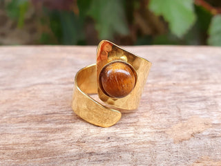 Hammered Brass Spiral Tiger Eye ring, Adjustable Boho Ring