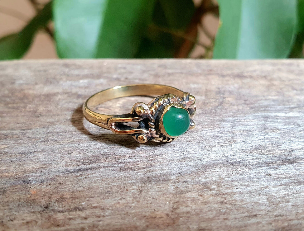 Boho Green Onyx Brass Ring / Pretty / Ethnic / Rustic / Festival / Tribal / Blue / Hippie / Gypsy / Psy / Stone / Healing