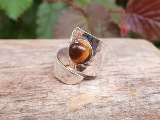 Hammered Silver Tiger Eye Ring, Adjustable Boho Silver Ring for Woman