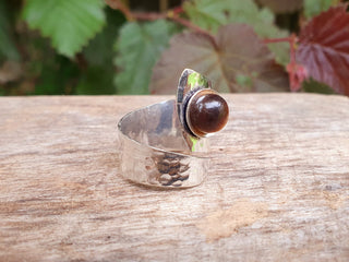 Hammered Silver Tiger Eye Ring, Adjustable Boho Silver Ring for Woman